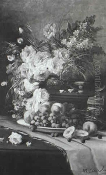 Still Life With Roses, Violets And Fruit On Table Oil Painting by Modeste Carlier