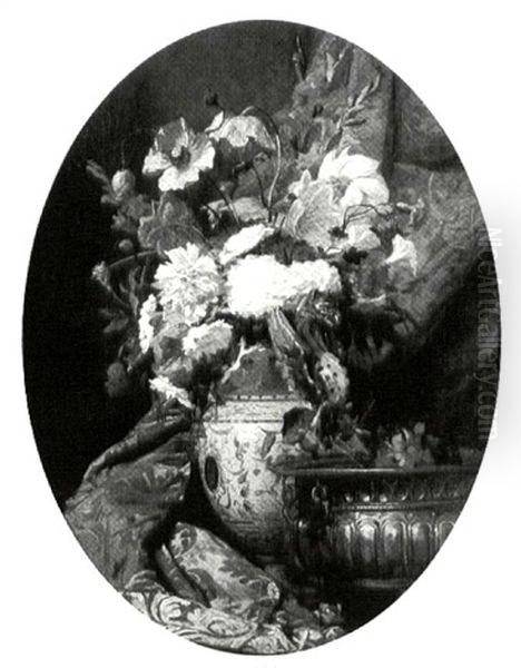 Still Life With Peonies, Gladiolas, Carnations, And Poppies In A Faience Vase Oil Painting by Modeste Carlier