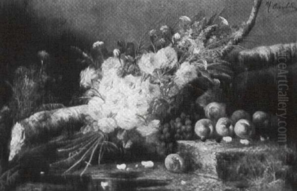 Still Life With Peaches, Grapes And Peonies Oil Painting by Modeste Carlier