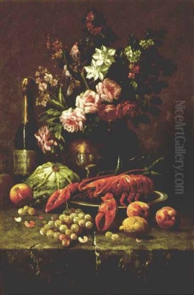 Nature Morte Aux Roses Et Au Homard Oil Painting by Modeste Carlier