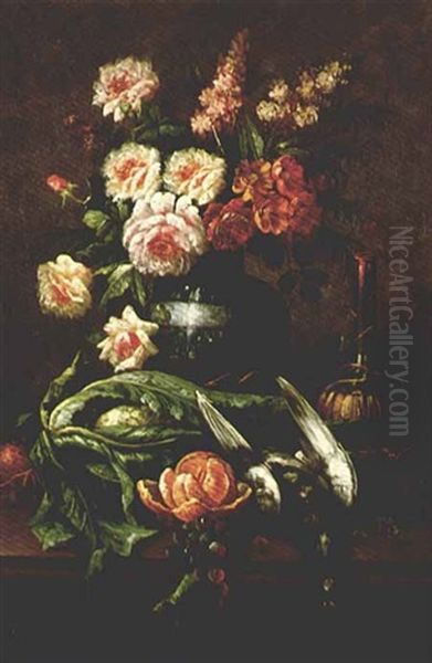 Nature Morte Aux Fleurs Et A L'orange Oil Painting by Modeste Carlier