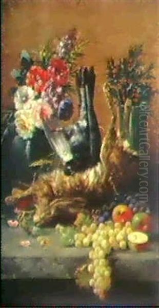 Stilleben Mit Hase, Taube Und Blumen Oil Painting by Modeste Carlier