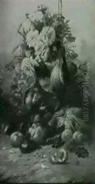 Still Life With Game And Flowers On A Ledge Oil Painting by Modeste Carlier