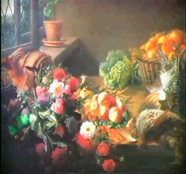 Blumenstilleben Mit Fruchten Oil Painting by Modeste Carlier