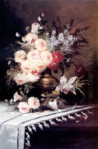 Still Life With Assorted Flowers In A Brass Vase Oil Painting by Modeste Carlier