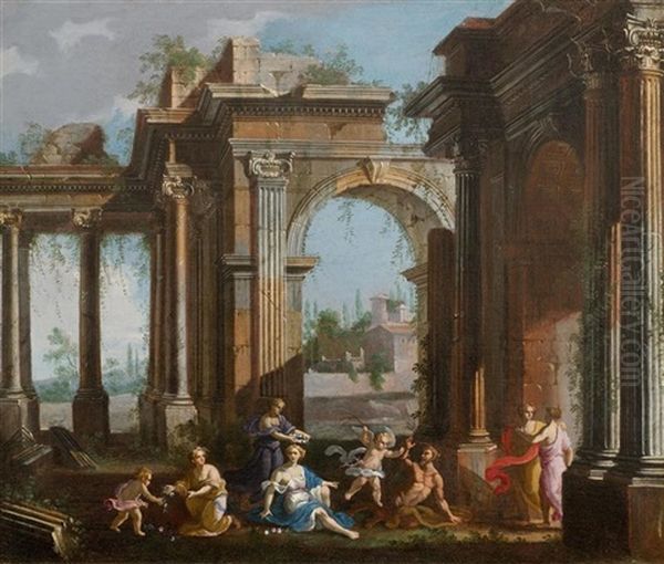 An Architectural Capriccio With Nymphs, A Satyr And Winged Putto Oil Painting by Alberto Carlieri