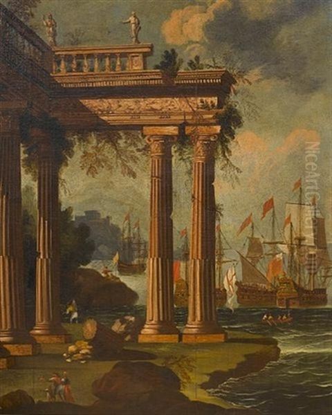 A Mediterranean Coastal Inlet With Ruins On The Shore, Shipping At Anchor Beyond (+ A Mediterranean Harbour With Figures On The Quayside; Pair) Oil Painting by Alberto Carlieri