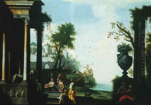 A Landscape With Figures Grouped Around A Fountain Beside Classical Ruins, And Fishermen Beyond Oil Painting by Alberto Carlieri