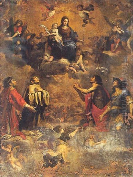 La Vierge En Gloire Avec Saint Georges, Saint Jean-baptiste, Saint Bernard Et Saint Laurent Oil Painting by Giovanni Battista Carlone