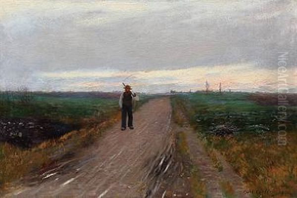 Peasant With A Scythe On A Field Road Oil Painting by Carl Carlsen