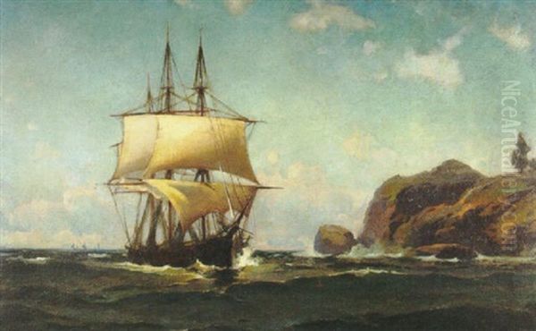 Sailing Ship Near A Rocky Shore Oil Painting by Emil Carlsen