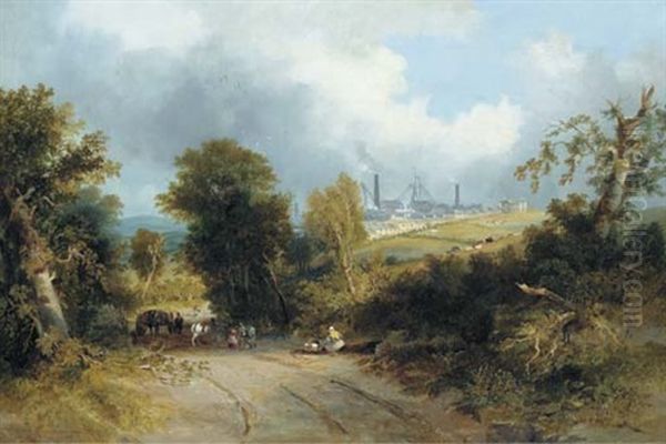 A Wooded Landscape With Figures And A Horse And Cart On A Track In The Foreground, And The Waldridge Colliery Beyond Oil Painting by John Wilson Carmichael