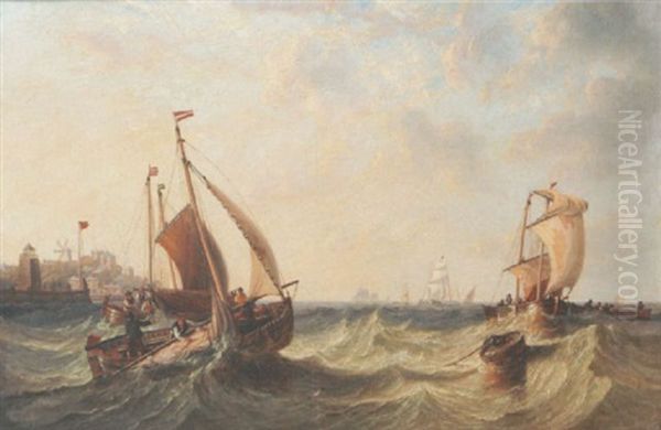 Fishing Boats In A Harbour Mouth Oil Painting by John Wilson Carmichael