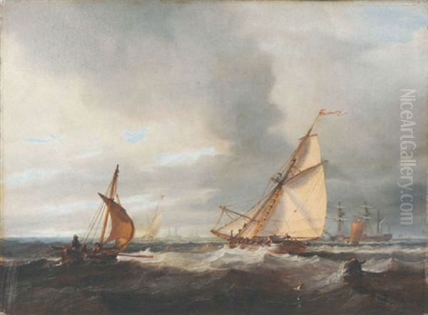 An Armed Cutter Heading For A Squadron Anchored Off Shore Oil Painting by John Wilson Carmichael