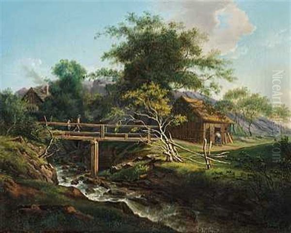Bjerglandskab. To Personer Krydser En Bro Oil Painting by Johann Hermann Carmiencke