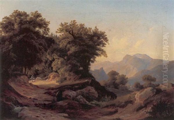 Romantisk Landskab Med Borgruin Oil Painting by Johann Hermann Carmiencke