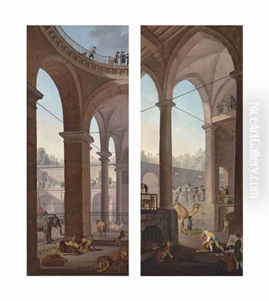 Roman Arcades With Cages Of Lions, Dromedaries And An Elephant...; Classical Arcades With A Dromedary, Leopards A Baboon...(pair) Oil Painting by Antonio Carnicero Y Mancio