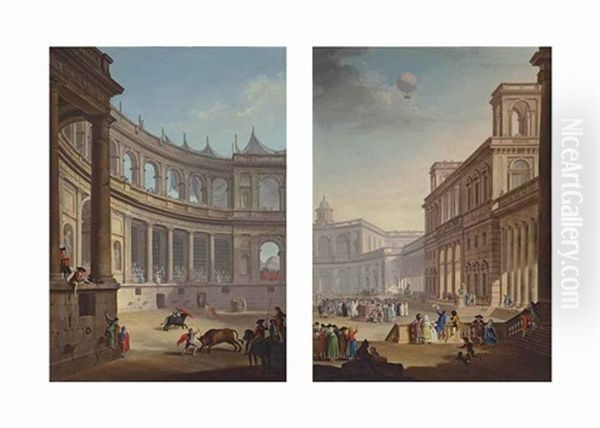 An Amphitheatre With Figures Watching A Bull Fight; A Capriccio Of A Square With Figures Watching A Hot Air Balloon (pair) Oil Painting by Antonio Carnicero Y Mancio