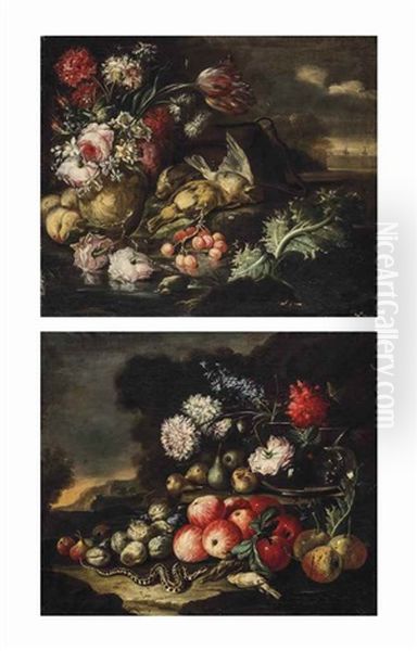 Fruit And Flowers With A Snake And Sparrows In A Landscape; And Fruit And Flowers With Game On A Shore Oil Painting by Baldassare De Caro