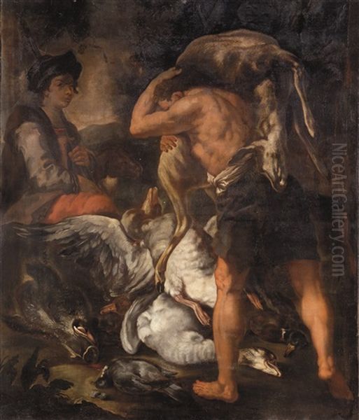 Cacciatore Seduto Con Servitore E Selvaggina Oil Painting by Baldassare De Caro