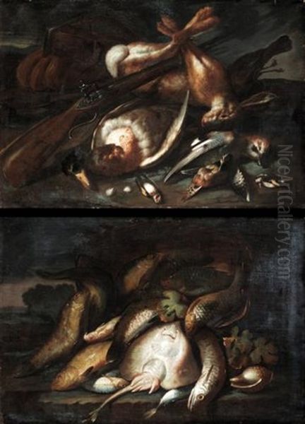 Still Life With A Hare, A Duck, A Jay, Bull Finches And Other Birds Together In A Landscape (+ Still Life With A Basket Of Fish, Together With A Shell In A Landscape; Pair) Oil Painting by Baldassare De Caro