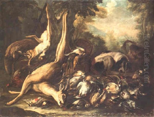 Spaniel Sleeping Amid An Extensive Huntsman's Catch Oil Painting by Baldassare De Caro