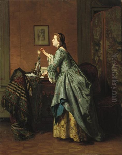 Jeune Fille Cachetant Une Lettre - Sealing The Loveletter Oil Painting by Jean Carolus