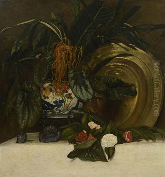 Nature Morte A La Dinanderie, Vase En Imari Et Jete De Roses Oil Painting by Charles Emile Auguste Carolus-Duran