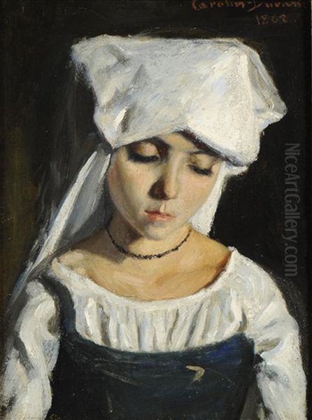 Head And Shoulders Portrait Of A Young Girl Wearing A White Cap And Blue Dress Oil Painting by Charles Emile Auguste Carolus-Duran