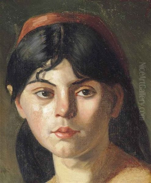 Portrait Of A Girl, Shoulder Length, With A Red Headband Oil Painting by Charles Emile Auguste Carolus-Duran