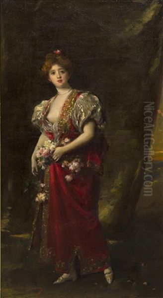 Elegant Lady With Flowers Oil Painting by Charles Emile Auguste Carolus-Duran