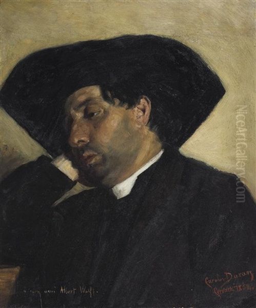 Brustportrat Eines Jungen Mannes Mit Schwarzem Hut Oil Painting by Charles Emile Auguste Carolus-Duran