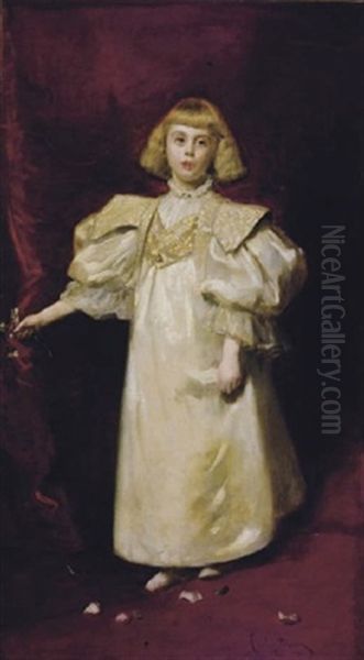 Portrait Of Clara Babbitt Hyde At The Age Of Five, In A White Dress Oil Painting by Charles Emile Auguste Carolus-Duran