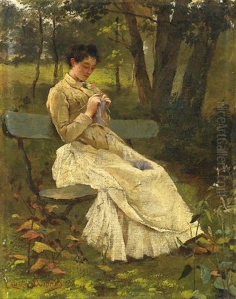 Die Musestunde. Junge Dame Bei Der Handarbeit Im Garten Oil Painting by Charles Emile Auguste Carolus-Duran