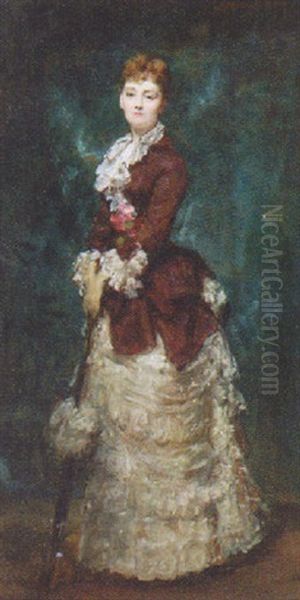 An Elegant Lady Holding A Parasol Oil Painting by Charles Emile Auguste Carolus-Duran