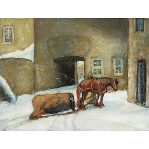 Horse And Sleigh In Village Oil Painting by Paul Archibald Caron