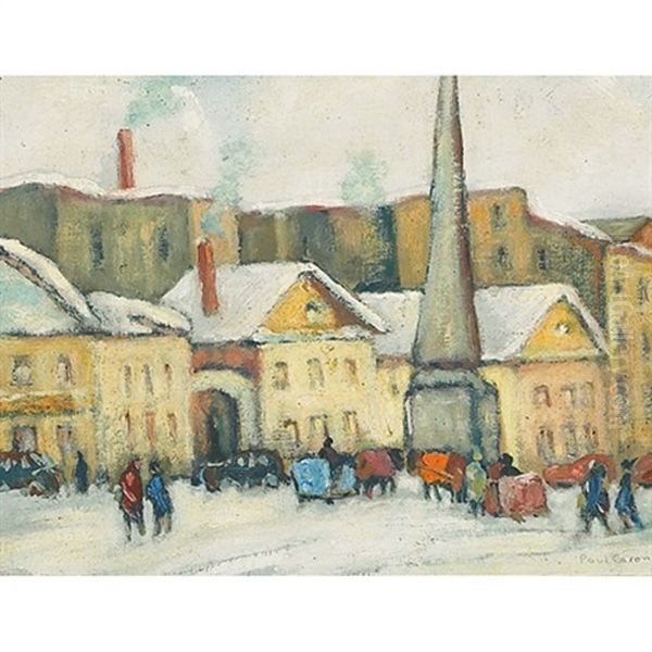 Horses And Sleighs At Rest In A City Square, Winter Oil Painting by Paul Archibald Caron