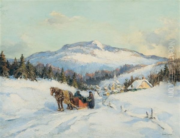 Tres Bon Marche! St. Jovite P.q. (with Mount Tremblant In Distance) Oil Painting by Paul Archibald Caron