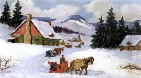 Winter Sleigh Ride (+ Champigny En Mars, Insc.; 2 Works) Oil Painting by Paul Archibald Caron