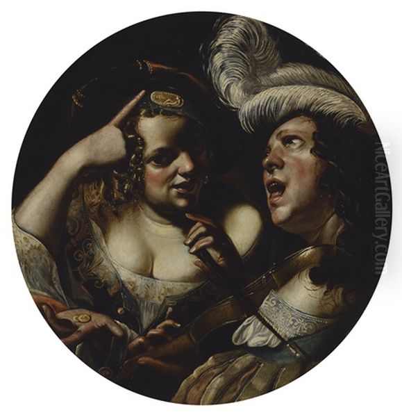 An Allegory Of Love With A Singing Violinist And A Courtesan With Coins In Her Palm Oil Painting by Angelo Caroselli