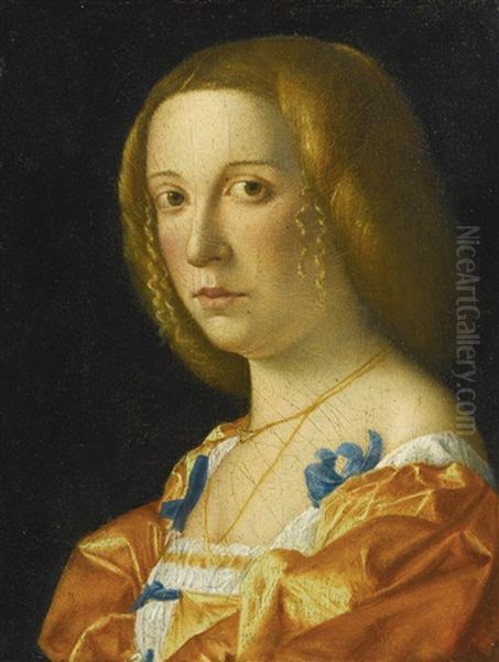 Portrait Of A Lady, Bust Length, Facing Left, Dressed In An Orange Gown With Blue Ribbons Oil Painting by Giovanni Francesco Caroto