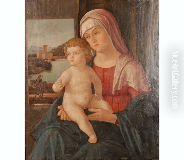 Madonna Mit Kind - Im Hintergrund Ein Fenster Mit Blick Auf Eine Burg Und Einen Ritter Zu Pferd Oil Painting by Vittore Carpaccio