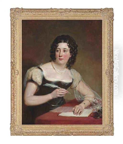 Portrait Of A Lady, Half-length, In A Black Dress, Writing A Letter At A Desk Oil Painting by Margaret Sarah Carpenter