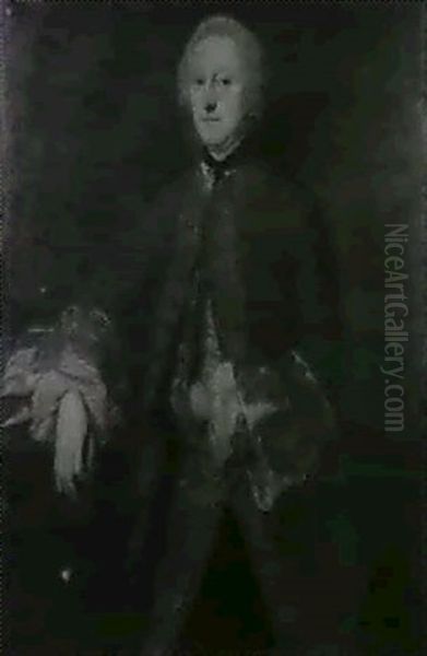 Portrait Of Neil Segrave, Standing Three-quarter Length     Wearing A Heavily Embroidered Gold Coat, His Arm Resting On Oil Painting by Adriaen Carpentiers