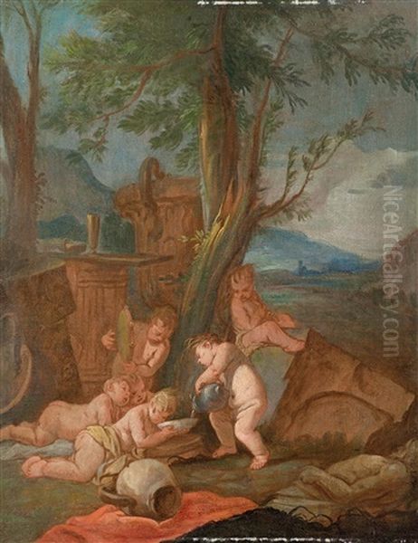 Putti Playing In A Landscape Oil Painting by Giulio Carpioni