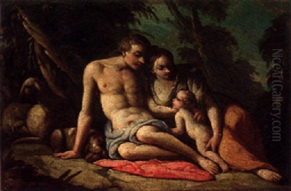 A Shepherd And His Family In A Landscape Oil Painting by Giulio Carpioni