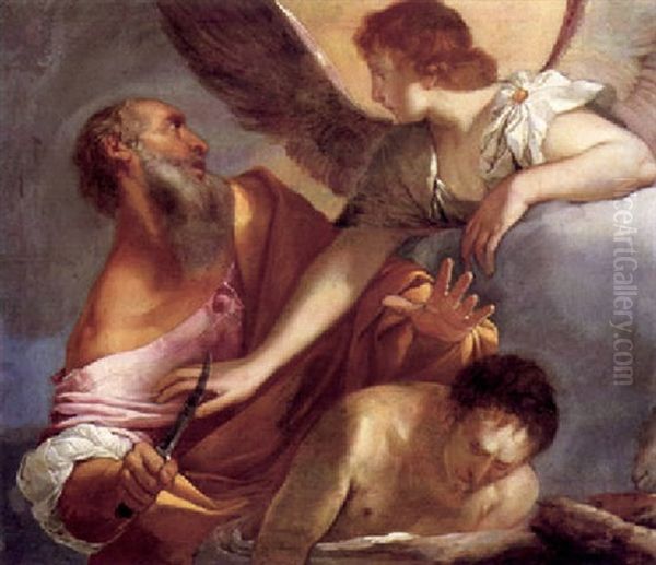 Abraham, Isaac And The Angel Oil Painting by Giulio Carpioni