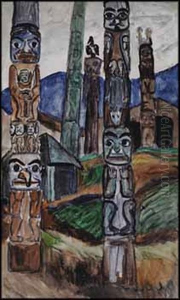 Totem Poles, Kitwancool Village Oil Painting by Emily M. Carr