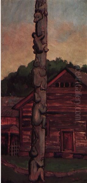 Village Totem Oil Painting by Emily M. Carr