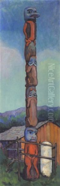 Haida Totem Pole Oil Painting by Emily M. Carr